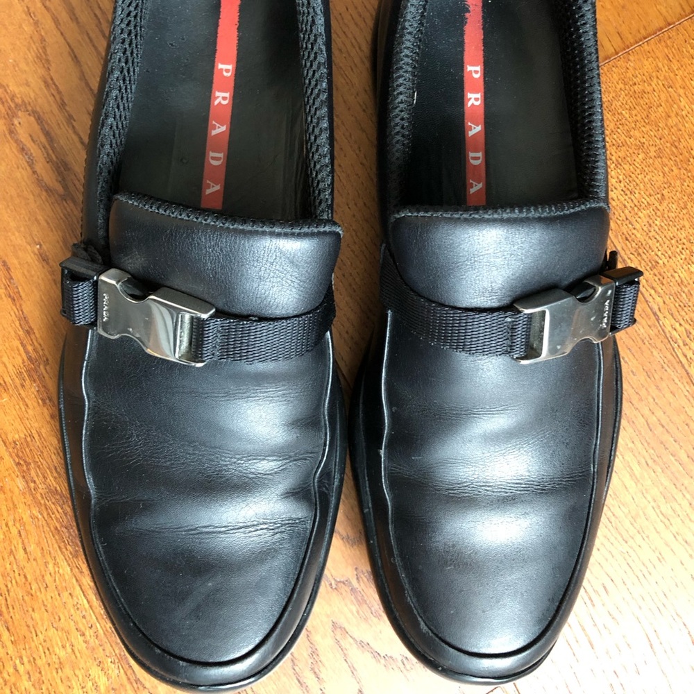 Prada Sport loafers with silver snap buckle black